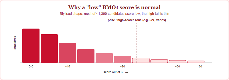 Stylised distribution of BMO1 scores out of 60 showing scores clustering low with a thin high-scoring tail