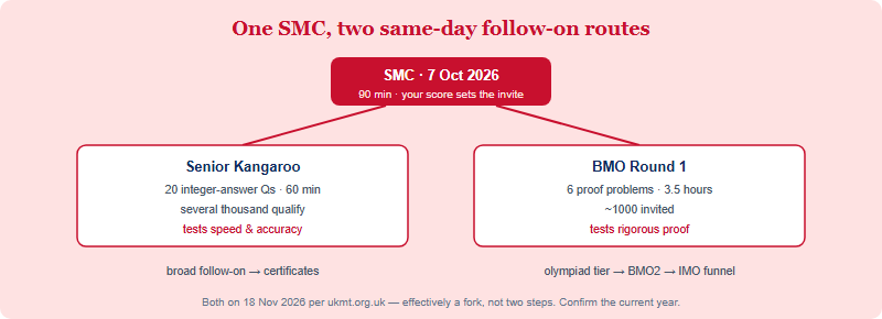 Diagram showing the Senior Mathematical Challenge splitting into two same-day follow-on routes: Senior Kangaroo as the broad speed round and BMO1 as the selective proof olympiad