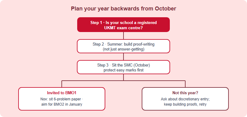 Decision tree for a China-based student preparing for the UKMT senior pathway, working backwards from October: confirm your school is a registered UKMT centre, build proof-writing skills over summer, sit the SMC in October, then branch depending on whether you qualify for BMO1